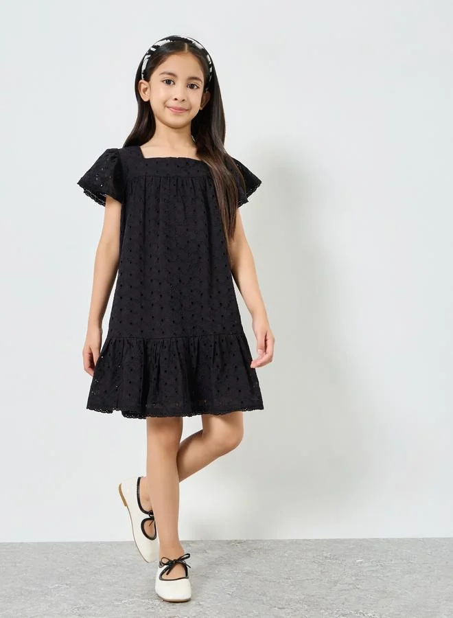 Styli Girls Black Schiffli Ruffled Hem Dress